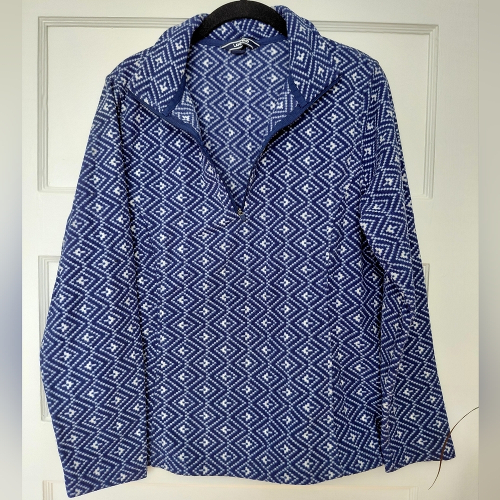 Lands' End M Navy and White Patterned Fleece Quarter Zip